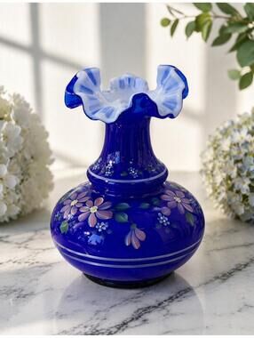 Vintage Signed Fenton Cobalt Blue Hand Painted Floral Ruffle Vase 1990s